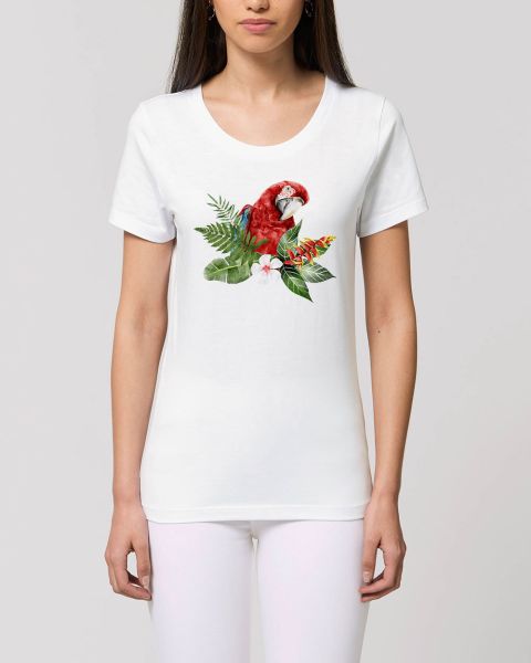 Damen T-Shirt bedruckt aus Bio Baumwolle | Papagei tropischer Vogel mit farbigen Blumen Beautiful Cr