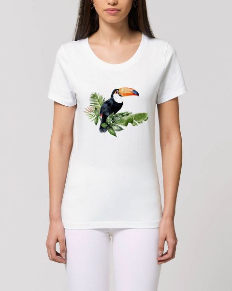 Damen T-Shirt bedruckt aus Bio Baumwolle | Toucan tropischer Vogel mit farbigen Blumen Beautiful Cre