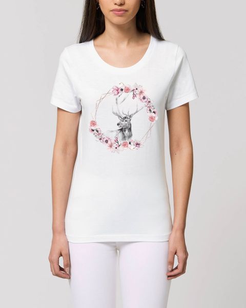 Damen T-Shirt bedruckt aus Bio Baumwolle | Hirsch mit Rosenkranz Beautiful Creatures