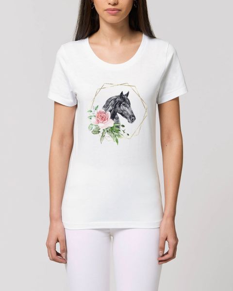 Damen T-Shirt bedruckt aus Bio Baumwolle | Pferd mit Rosenmuster Beautiful Creatures