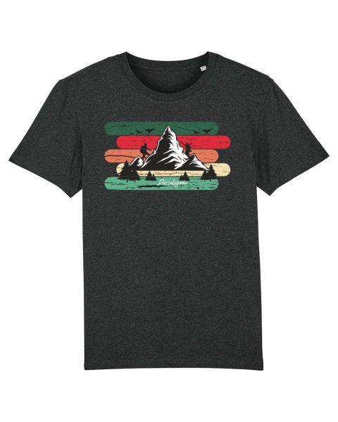 Unisex T-Shirt bedruckt aus Bio Baumwolle | Bergsteiger Berlandschaft mit Bäumen und farbigem Hinter