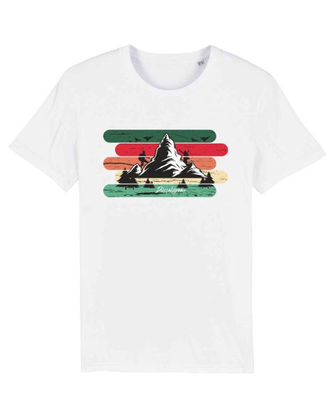 Unisex T-Shirt bedruckt aus Bio Baumwolle | Bergsteiger Berlandschaft mit Bäumen und farbigem Hinter