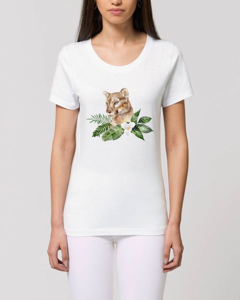 Damen T-Shirt bedruckt aus Bio Baumwolle | Löwin mit Blumenmuster Beautiful Creatures