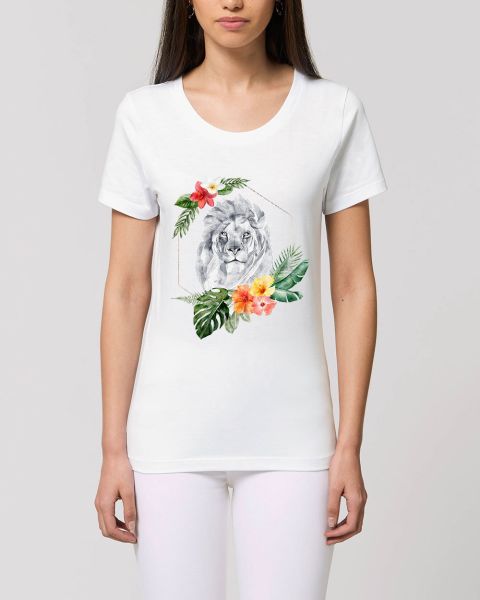 Damen T-Shirt bedruckt aus Bio Baumwolle | Löwe mit Buntem Blumenmuster Beautiful Creatures