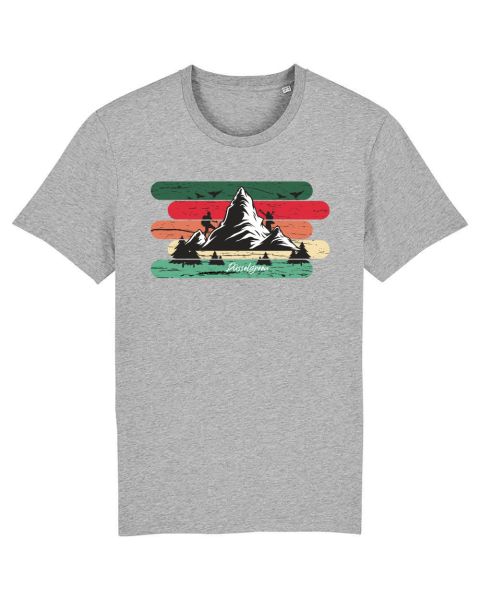 Unisex T-Shirt bedruckt aus Bio Baumwolle | Bergsteiger Berlandschaft mit Bäumen und farbigem Hinter