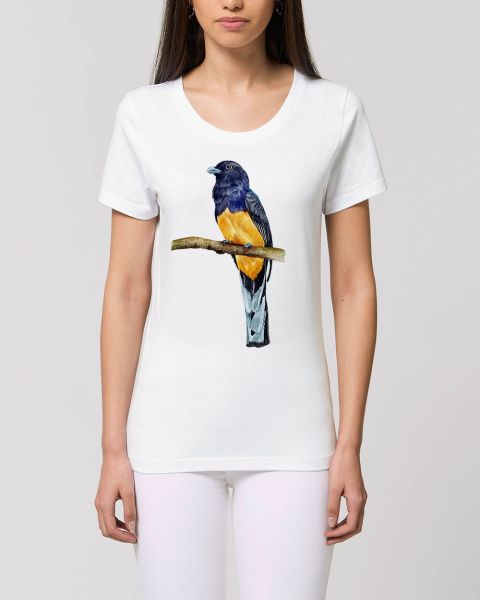 Damen T-Shirt bedruckt aus Bio Baumwolle | Vogel blau auf Ast Beautiful Creatures