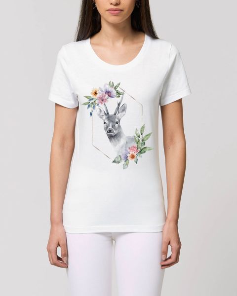 Damen T-Shirt bedruckt aus Bio Baumwolle | Doe Hirsch mit Blumen Beautiful Creatures