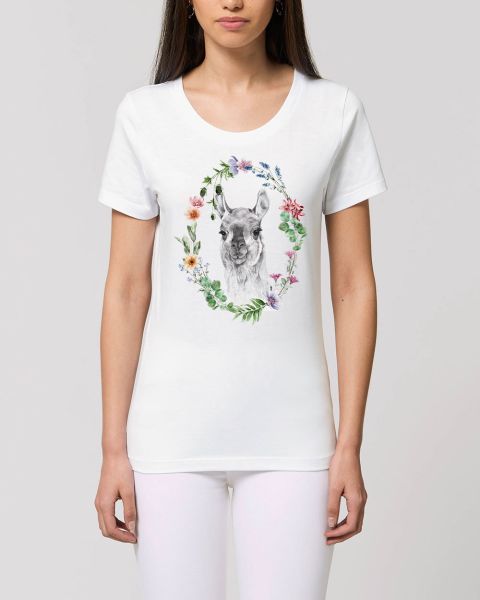 Damen T-Shirt bedruckt aus Bio Baumwolle | Lama mit buntem Blumenkranz Beautiful Creatures
