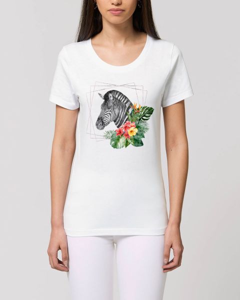 Damen T-Shirt bedruckt aus Bio Baumwolle | Zebra mit Blumenmuster Beautiful Creatures